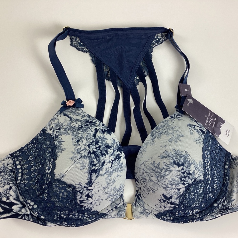 Cacique Front Close Boost Plunge Wire Bra Nylon Size 36A Blue Lift Lace Back NWT